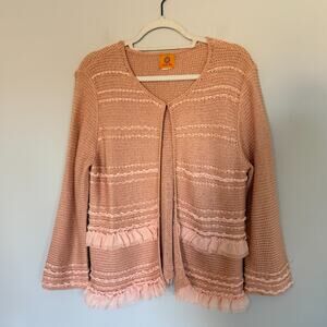 Ruby Rd Womens Pink Crochet Cardigan Ruffle Textured Preppy Office Casual